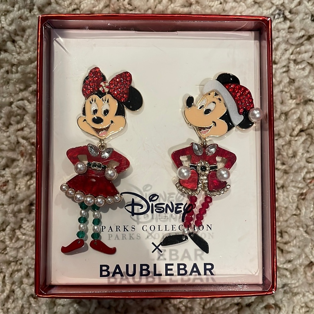Disney Parks Baublebar Santa Mickey & Minnie Christmas Earrings